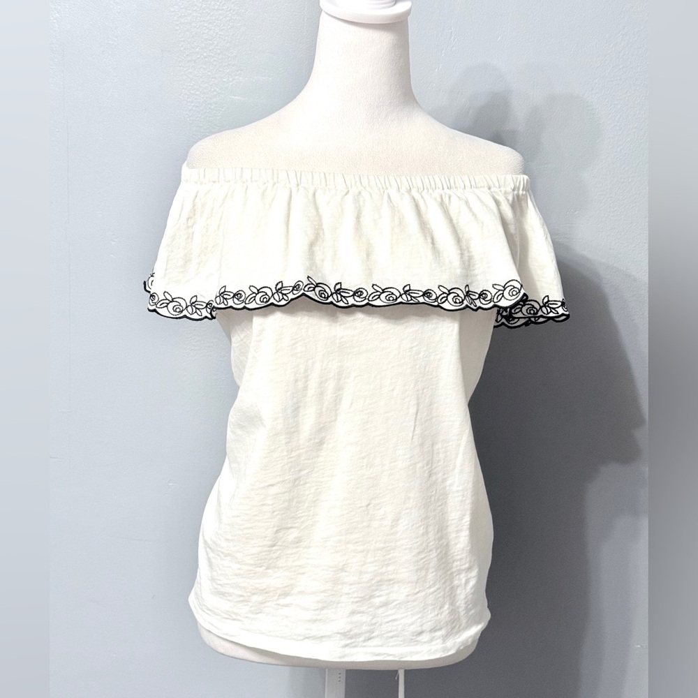 #5)  J. Crew Off-Shoulder 100% Cotton White Blouse with blue Embroidery